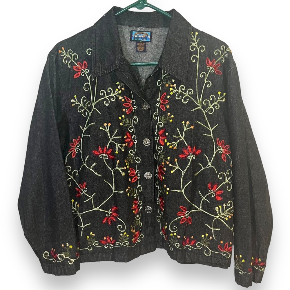 Shaver Lake PM Embroidered Floral Black Denim Jacket 100% Cotton Button Front